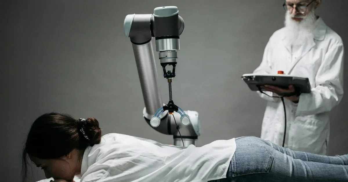 A sophisticated medical robot arm performs a procedure on a patient lying prone, while an experienced doctor in a lab coat observes in the background, symbolizing the integration of AI in hospital care and the shift from human nurses.