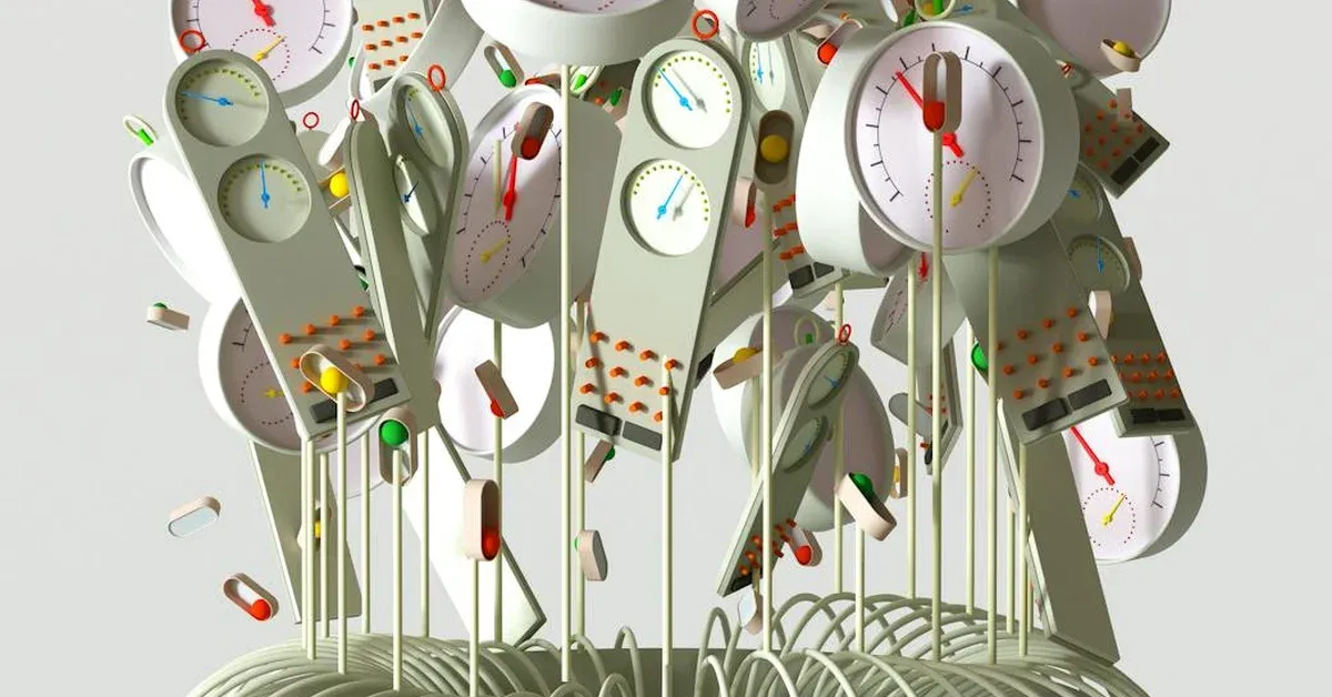 Abstract image showing a cluster of gauges, dials, and medical pills, symbolizing the intricate and potentially risky nature of mental health AI systems and their impact on human well-being.